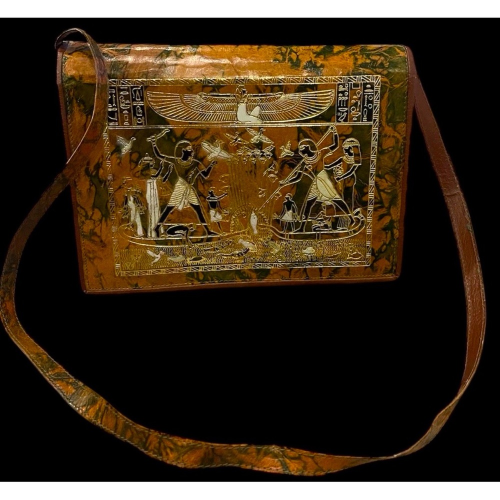Vintage 1970’s Gold Embossed Brown Leather Egyptian Handbag /Shoulder Bag